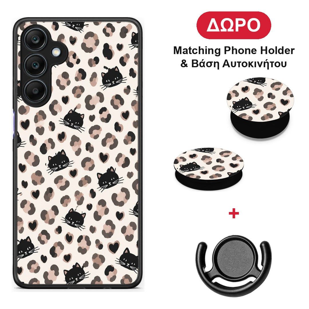 Leopard Spots and Black Cats on Cream - Samsung Galaxy A25 5G θήκη + Δώρο Phone Holder & Βάση Αυτοκινήτου