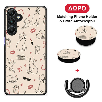 Minimal Cat and Fashion Doodles on Cream - Samsung Galaxy A25 5G θήκη + Δώρο Phone Holder & Βάση Αυτοκινήτου