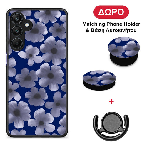 Pale Blue Flowers on Navy - Samsung Galaxy A25 5G θήκη + Δώρο Phone Holder & Βάση Αυτοκινήτου