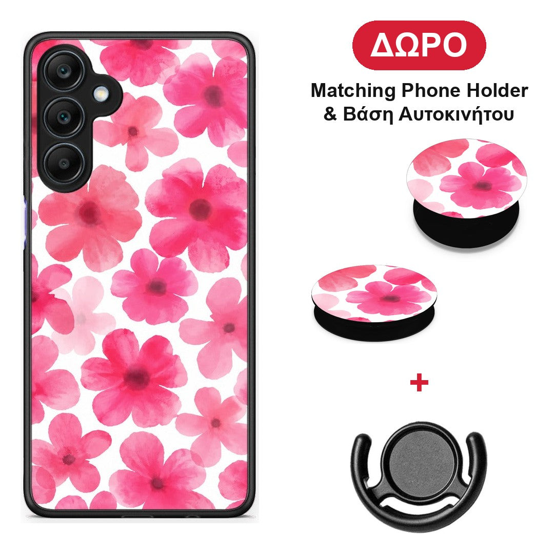 Pink Watercolour Flowers on White - Samsung Galaxy A25 5G θήκη + Δώρο Phone Holder & Βάση Αυτοκινήτου