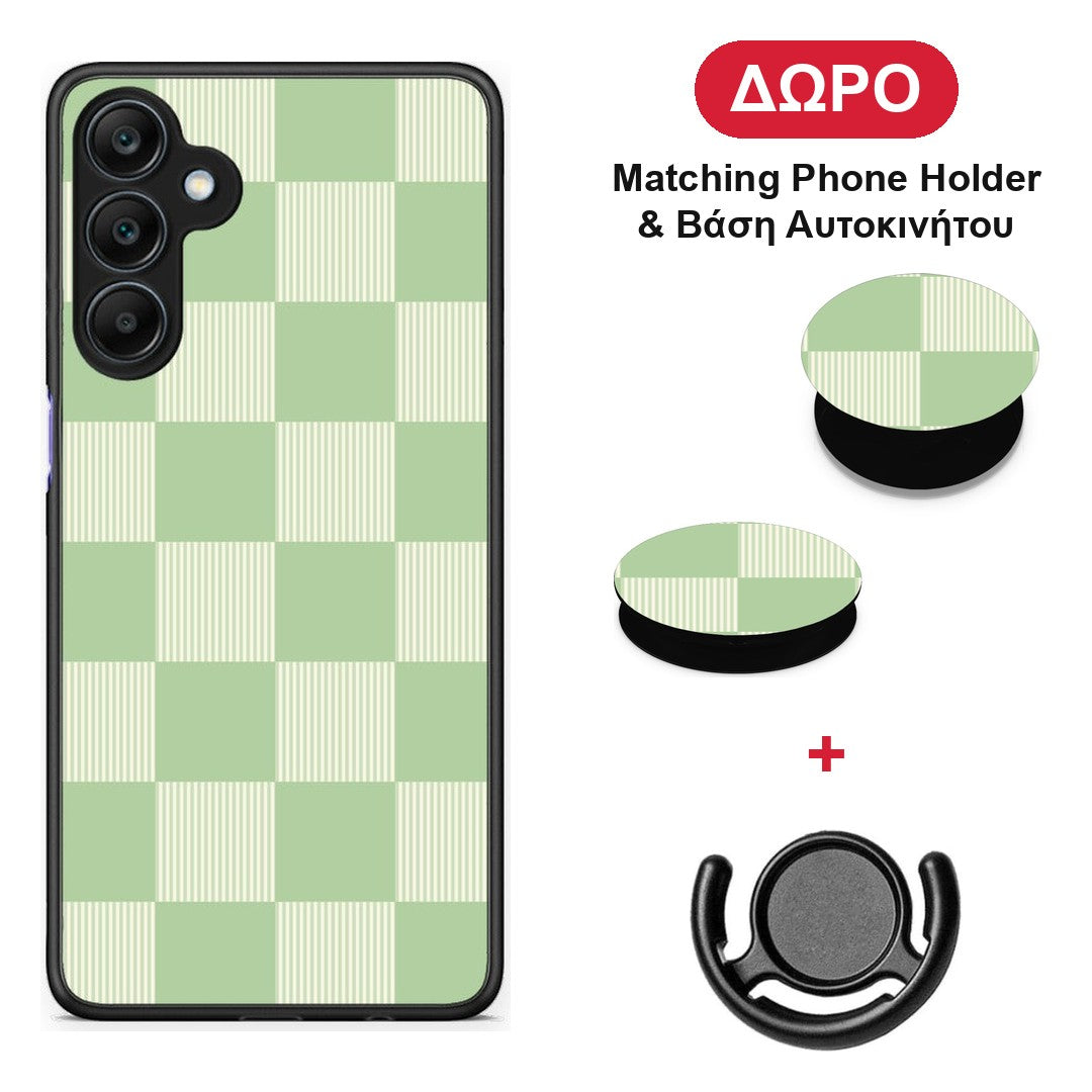 Sage and Cream Striped Checks - Samsung Galaxy A25 5G θήκη + Δώρο Phone Holder & Βάση Αυτοκινήτου