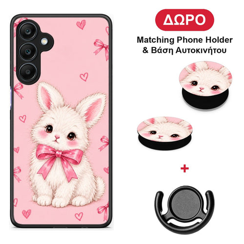 White Bunny and Pink Bows - Samsung Galaxy A25 5G θήκη + Δώρο Phone Holder & Βάση Αυτοκινήτου