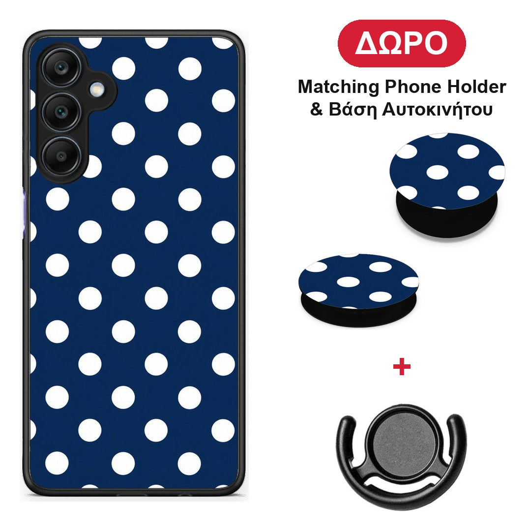White Large Polka Dots on Navy - Samsung Galaxy A25 5G θήκη + Δώρο Phone Holder & Βάση Αυτοκινήτου