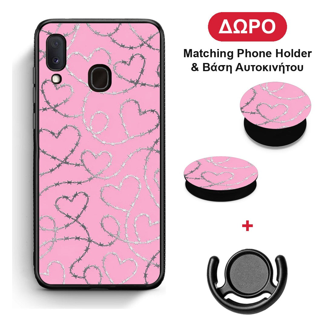 Barbed Wire Hearts on Pink - Samsung Galaxy A30 θήκη + Δώρο Phone Holder & Βάση Αυτοκινήτου