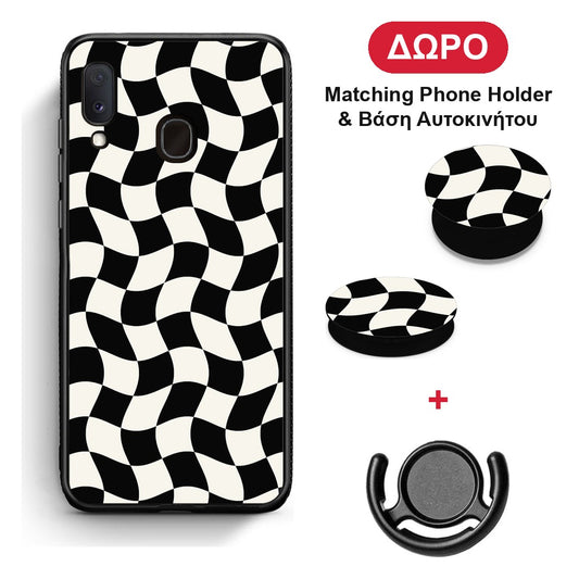 Black and Cream Wavy Checkerboard - Samsung Galaxy A30 θήκη + Δώρο Phone Holder & Βάση Αυτοκινήτου