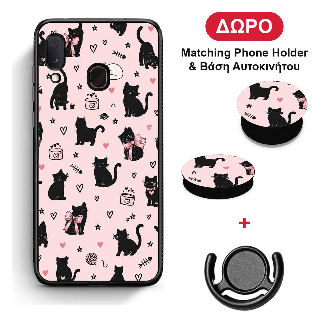 Black Cat Doodles on Pink - Samsung Galaxy A30 θήκη + Δώρο Phone Holder & Βάση Αυτοκινήτου