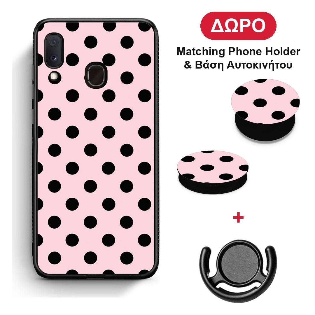 Black Polka Dots on Pink - Samsung Galaxy A30 θήκη + Δώρο Phone Holder & Βάση Αυτοκινήτου
