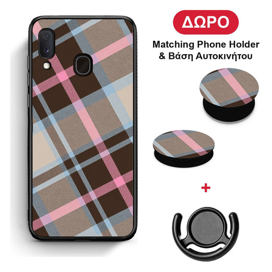 Brown Pink and Blue Diagonal Plaid - Samsung Galaxy A30 θήκη + Δώρο Phone Holder & Βάση Αυτοκινήτου
