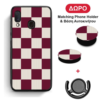 Burgundy and Cream Striped Checks - Samsung Galaxy A30 θήκη + Δώρο Phone Holder & Βάση Αυτοκινήτου