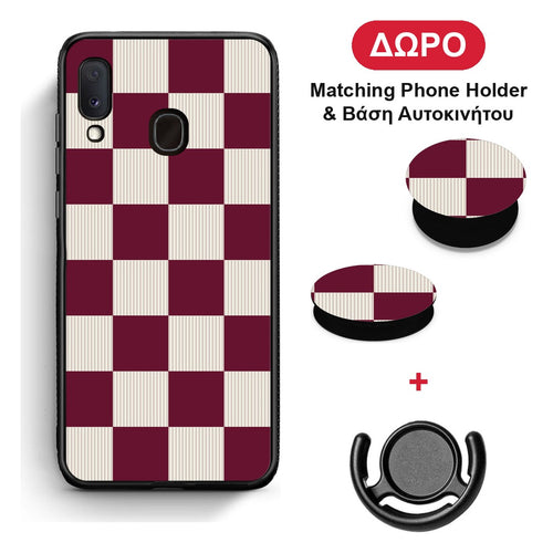 Burgundy and Cream Striped Checks - Samsung Galaxy A30 θήκη + Δώρο Phone Holder & Βάση Αυτοκινήτου