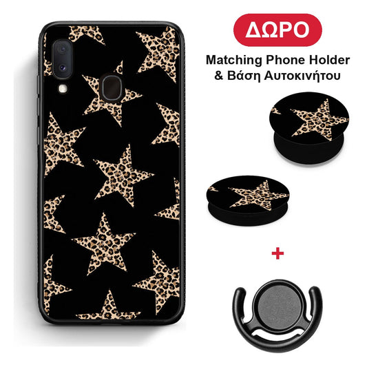 Leopard Stars on Black - Samsung Galaxy A30 θήκη + Δώρο Phone Holder & Βάση Αυτοκινήτου