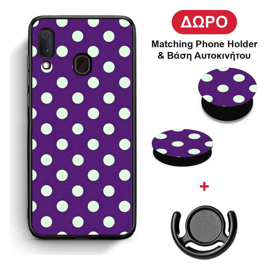Mint Polka Dots on Purple - Samsung Galaxy A30 θήκη + Δώρο Phone Holder & Βάση Αυτοκινήτου