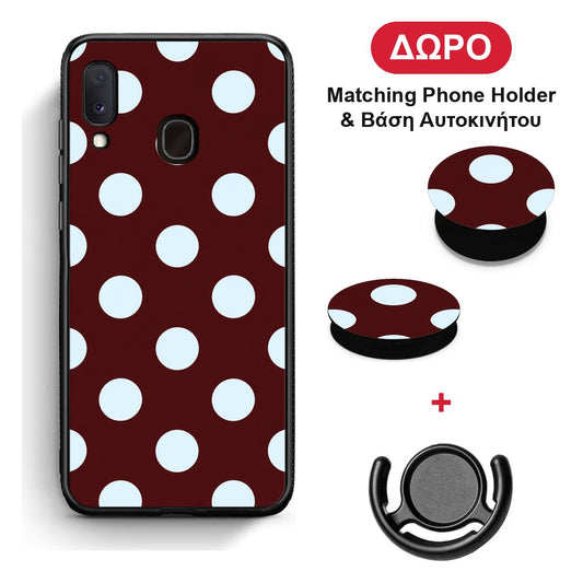 Pale Blue Large Polka Dots on Burgundy - Samsung Galaxy A30 θήκη + Δώρο Phone Holder & Βάση Αυτοκινήτου