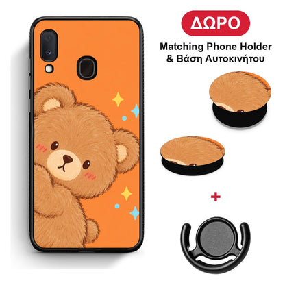 Peekaboo Teddy on Orange - Samsung Galaxy A30 θήκη + Δώρο Phone Holder & Βάση Αυτοκινήτου