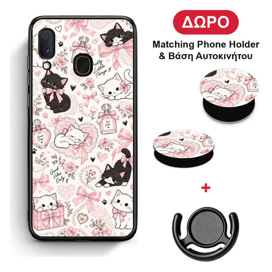 Pink Bows and Kittens Collage - Samsung Galaxy A30 θήκη + Δώρο Phone Holder & Βάση Αυτοκινήτου