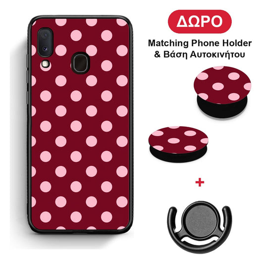 Pink Polka Dots on Burgundy - Samsung Galaxy A30 θήκη + Δώρο Phone Holder & Βάση Αυτοκινήτου