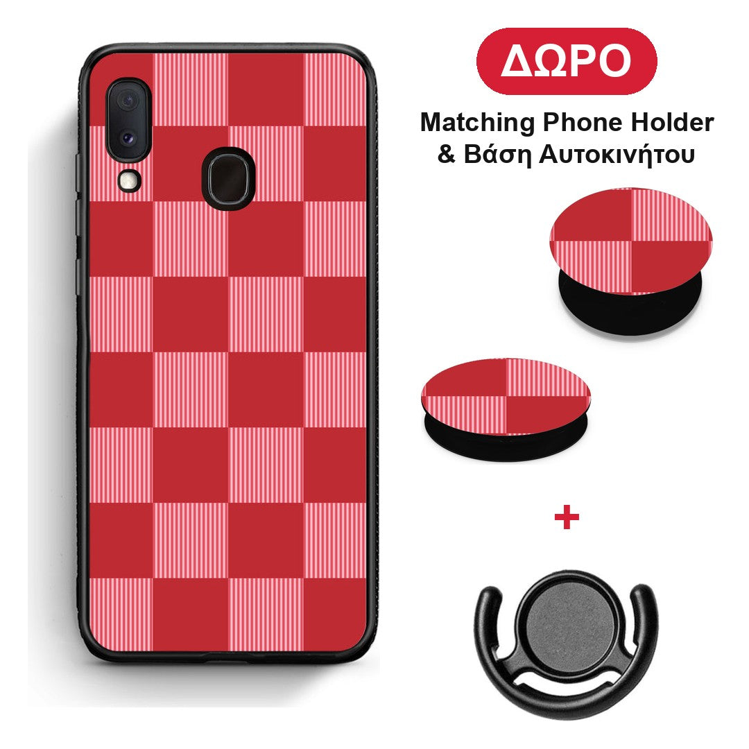 Red and Pink Striped Checks - Samsung Galaxy A30 θήκη + Δώρο Phone Holder & Βάση Αυτοκινήτου
