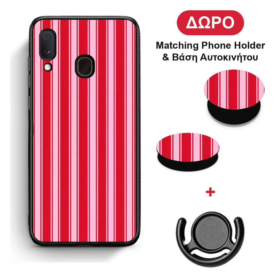 Red and Pink Vertical Pinstripes - Samsung Galaxy A30 θήκη + Δώρο Phone Holder & Βάση Αυτοκινήτου