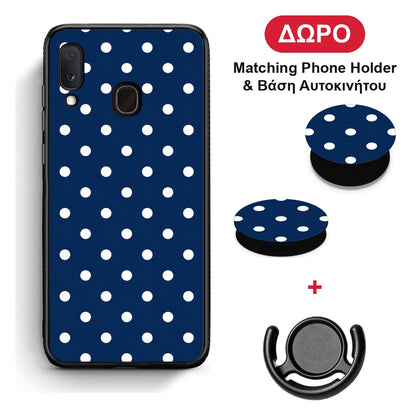 White Small Polka Dots on Navy - Samsung Galaxy A30 θήκη + Δώρο Phone Holder & Βάση Αυτοκινήτου