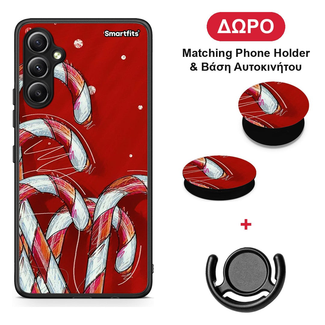 Candy Cane - Samsung Galaxy A34 θήκη + Δώρο Phone Holder & Βάση Αυτοκινήτου