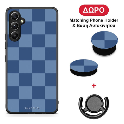 Denim Blue Checkerboard - Samsung Galaxy A34 θήκη + Δώρο Phone Holder & Βάση Αυτοκινήτου