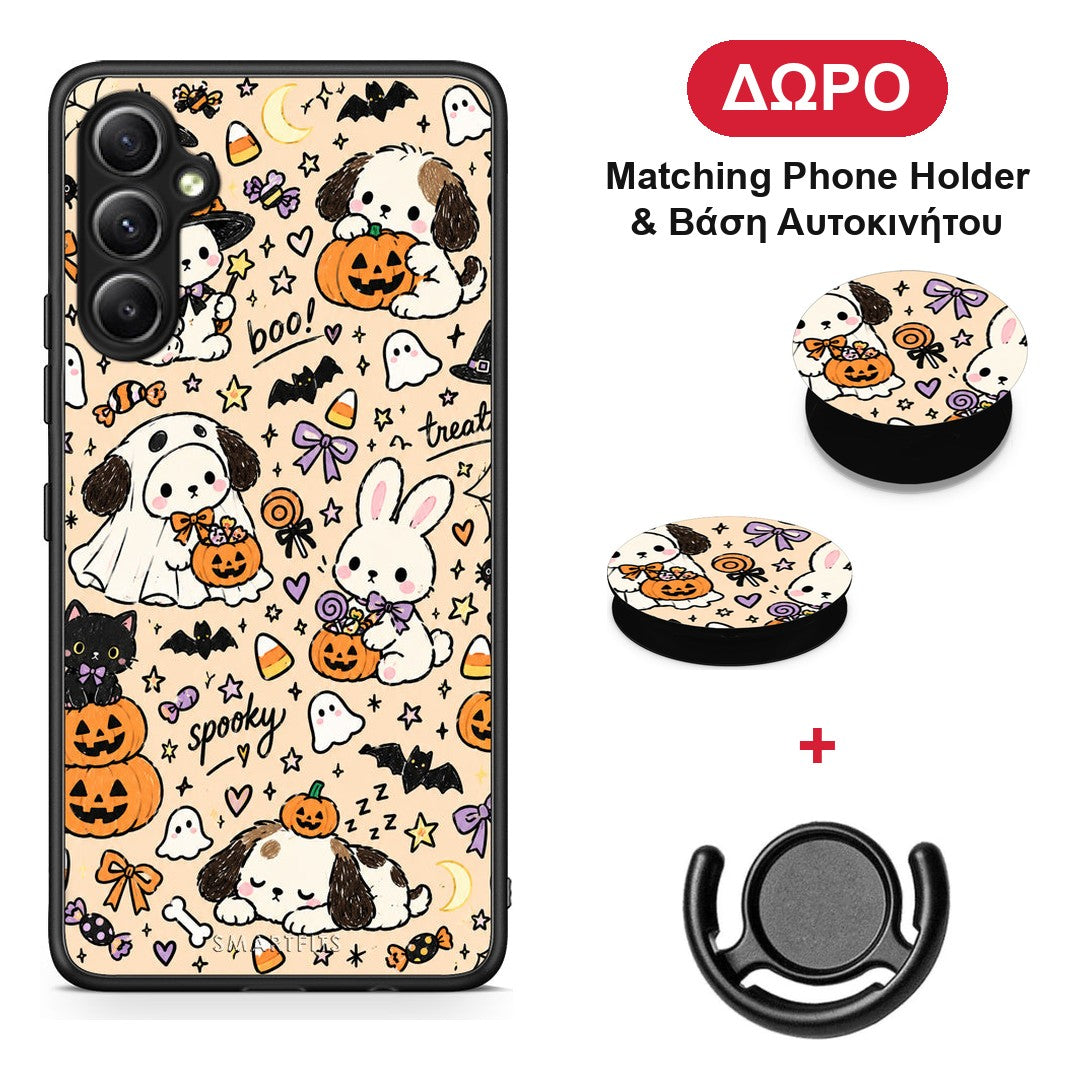 Halloween Puppies and Friends on Cream - Samsung Galaxy A34 θήκη + Δώρο Phone Holder & Βάση Αυτοκινήτου