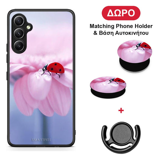 Ladybug Flower - Samsung Galaxy A34 θήκη + Δώρο Phone Holder & Βάση Αυτοκινήτου