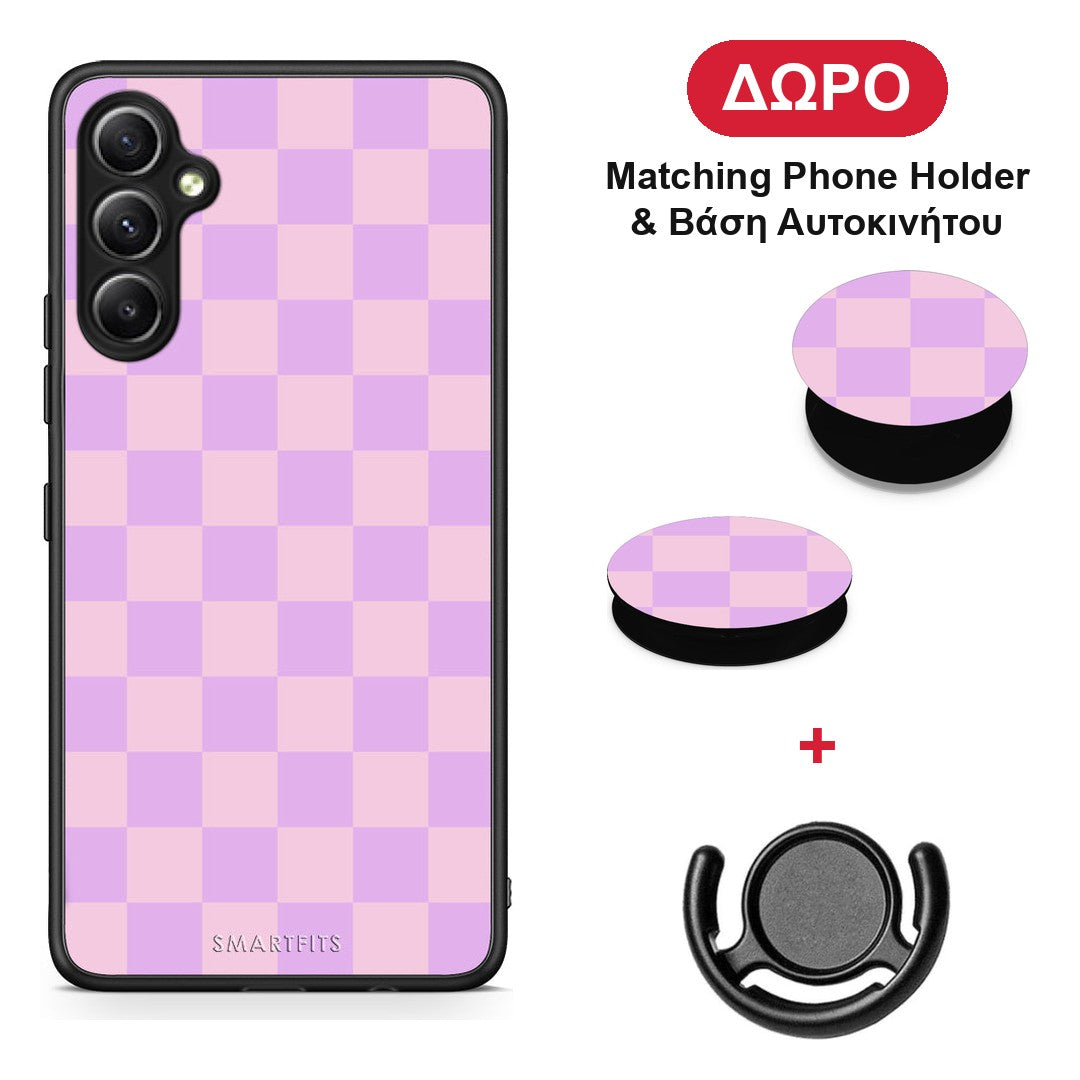 Lavender and Pink Checkerboard - Samsung Galaxy A34 θήκη + Δώρο Phone Holder & Βάση Αυτοκινήτου