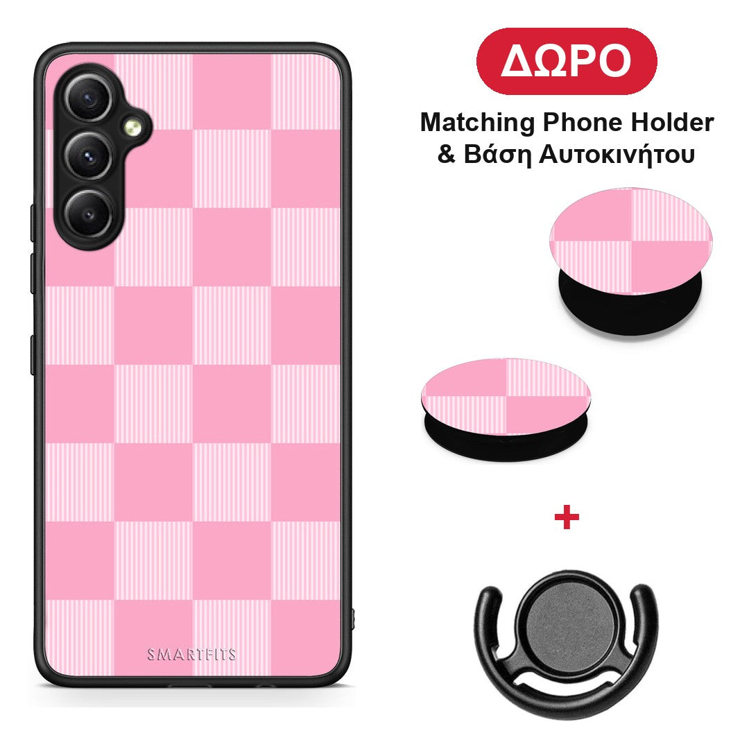 Pink and White Striped Checks - Samsung Galaxy A34 θήκη + Δώρο Phone Holder & Βάση Αυτοκινήτου