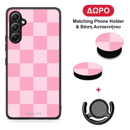 Pink and White Striped Checks - Samsung Galaxy A34 θήκη + Δώρο Phone Holder & Βάση Αυτοκινήτου