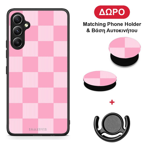 Pink and White Striped Checks - Samsung Galaxy A34 θήκη + Δώρο Phone Holder & Βάση Αυτοκινήτου