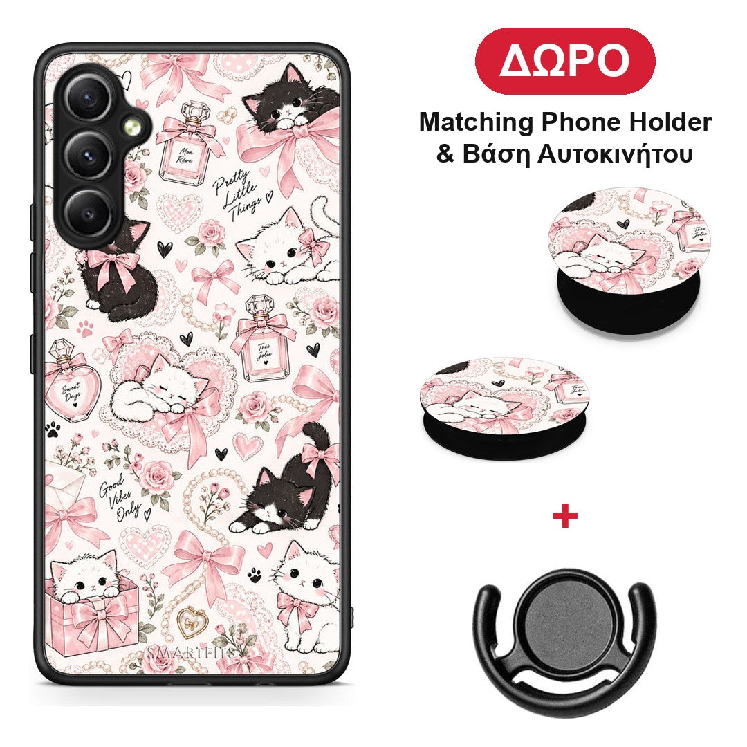 Pink Bows and Kittens Collage - Samsung Galaxy A34 θήκη + Δώρο Phone Holder & Βάση Αυτοκινήτου