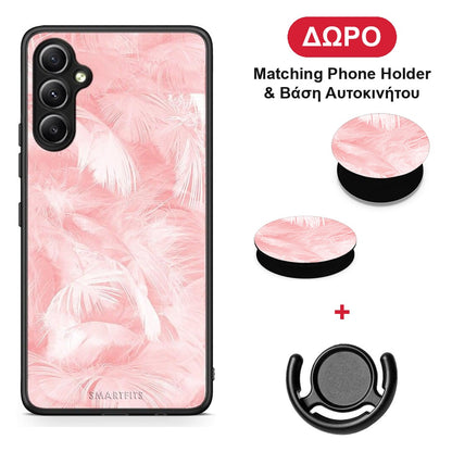 Boho Pink Feather - Samsung Galaxy A34 θήκη + Δώρο Phone Holder & Βάση Αυτοκινήτου
