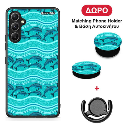 Swimming Dolphins - Samsung Galaxy A34 θήκη + Δώρο Phone Holder & Βάση Αυτοκινήτου