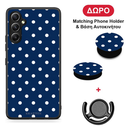 White Small Polka Dots on Navy - Samsung Galaxy A34 θήκη + Δώρο Phone Holder & Βάση Αυτοκινήτου
