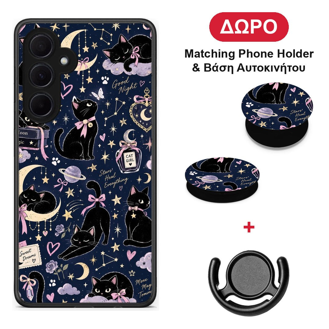 Celestial Black Cats on Navy - Samsung Galaxy A35 θήκη + Δώρο Phone Holder & Βάση Αυτοκινήτου