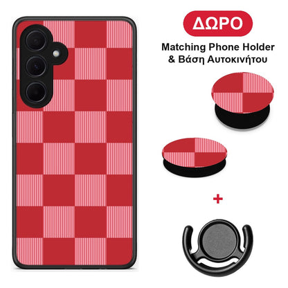 Red and Pink Striped Checks - Samsung Galaxy A35 θήκη + Δώρο Phone Holder & Βάση Αυτοκινήτου