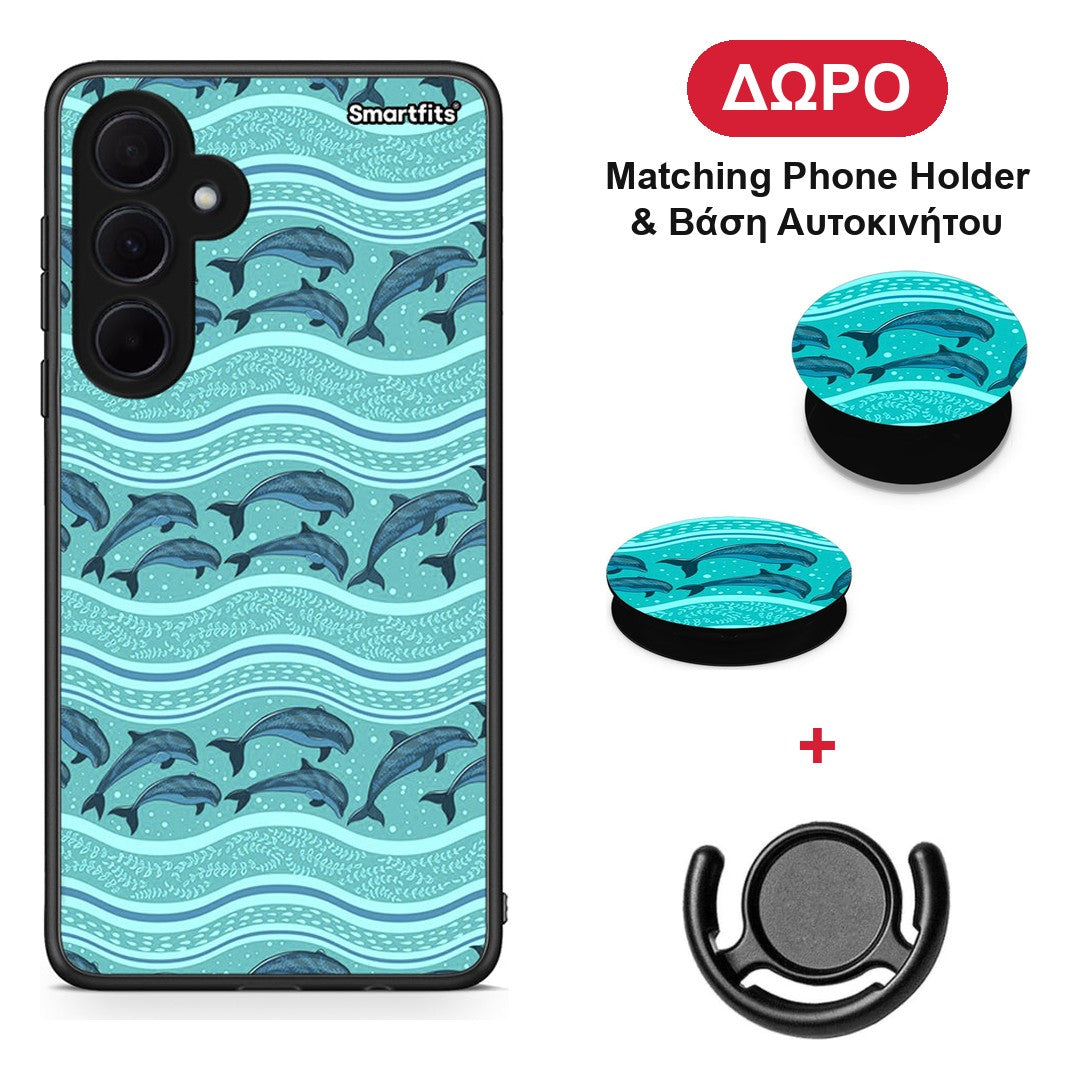 Swimming Dolphins - Samsung Galaxy A35 θήκη + Δώρο Phone Holder & Βάση Αυτοκινήτου