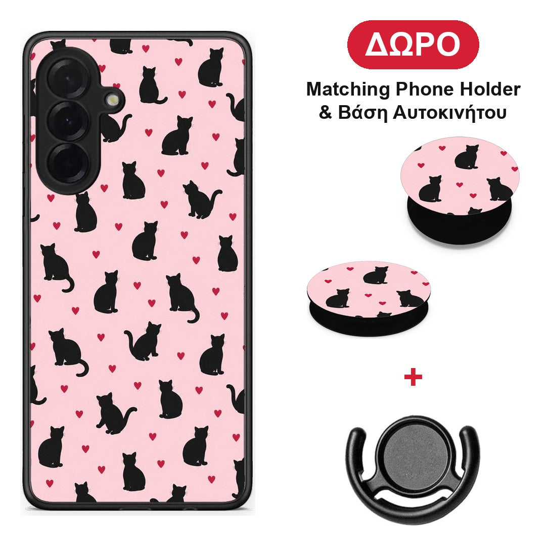 Black Cat Silhouettes and Hearts on Pink - Samsung Galaxy A36 θήκη + Δώρο Phone Holder & Βάση Αυτοκινήτου