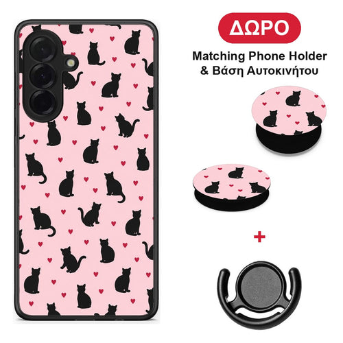 Black Cat Silhouettes and Hearts on Pink - Samsung Galaxy A36 θήκη + Δώρο Phone Holder & Βάση Αυτοκινήτου
