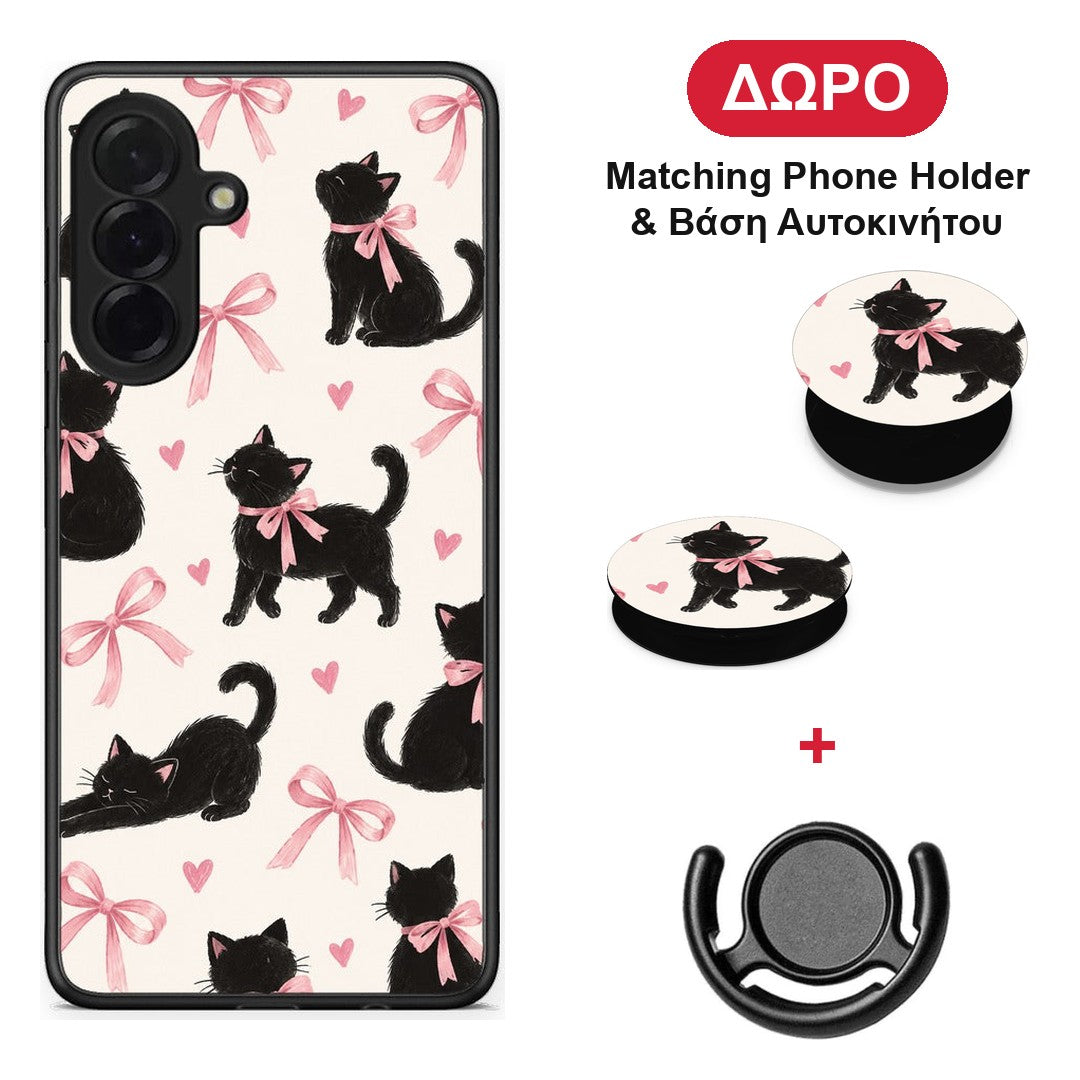 Black Kittens and Pink Bows on Cream Large - Samsung Galaxy A36 θήκη + Δώρο Phone Holder & Βάση Αυτοκινήτου