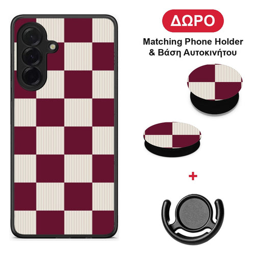 Burgundy and Cream Striped Checks - Samsung Galaxy A36 θήκη + Δώρο Phone Holder & Βάση Αυτοκινήτου