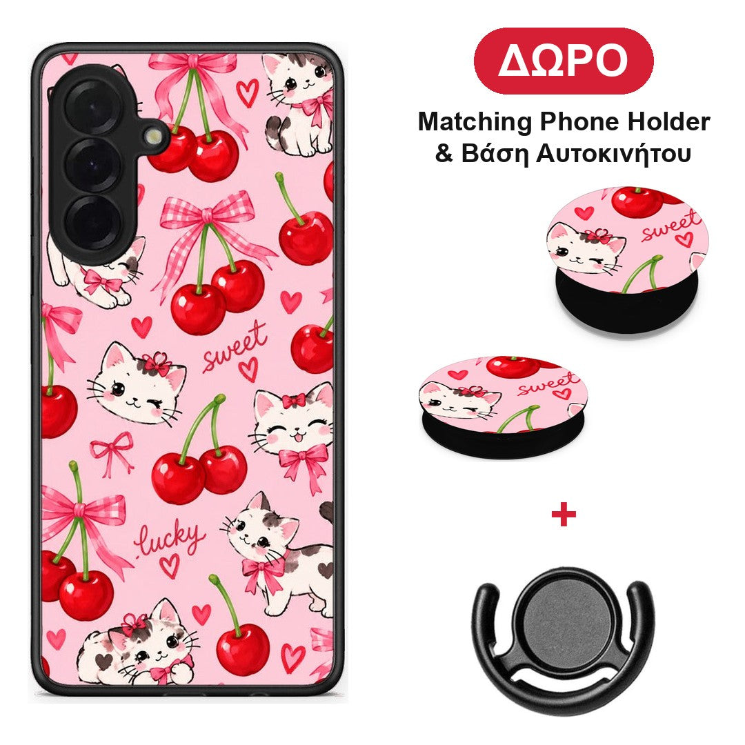 Cherries Bows and Kittens on Pink - Samsung Galaxy A36 θήκη + Δώρο Phone Holder & Βάση Αυτοκινήτου