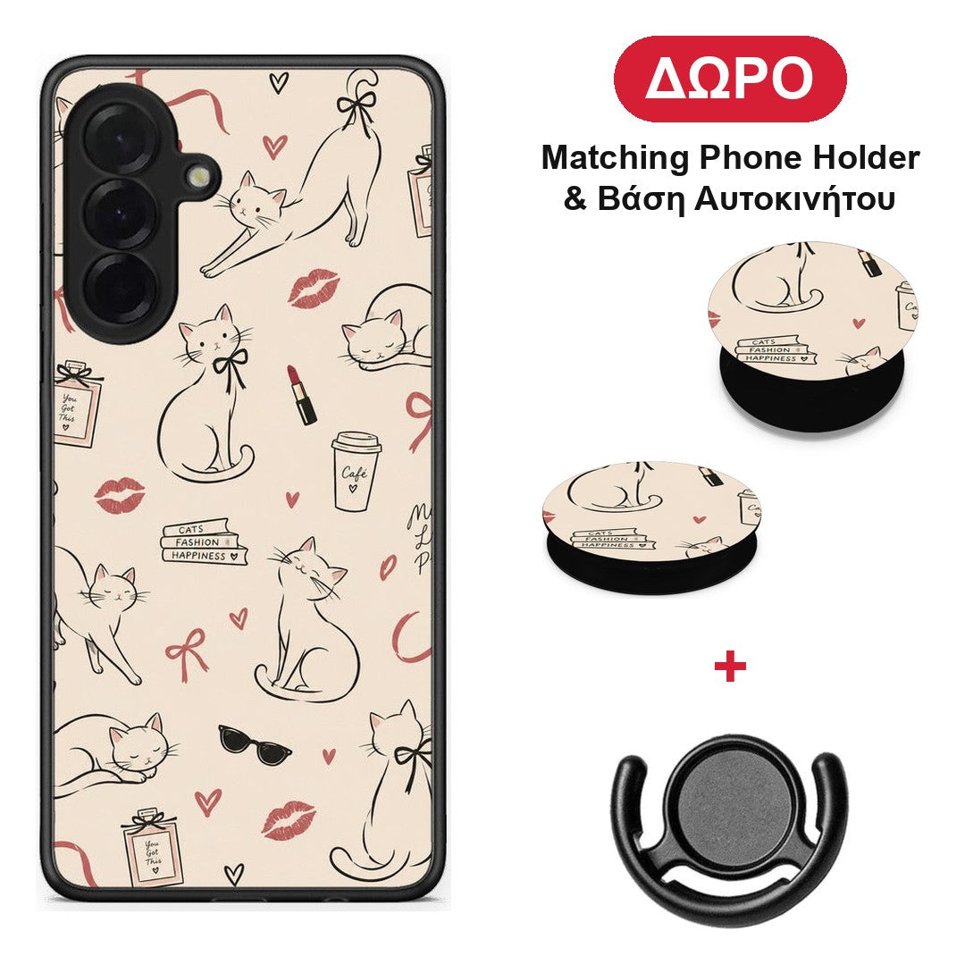 Minimal Cat and Fashion Doodles on Cream - Samsung Galaxy A36 θήκη + Δώρο Phone Holder & Βάση Αυτοκινήτου