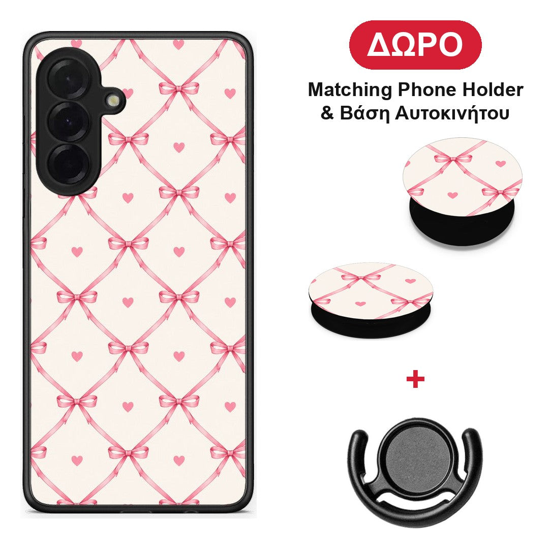 Pink Bow Lattice and Hearts on Cream - Samsung Galaxy A36 θήκη + Δώρο Phone Holder & Βάση Αυτοκινήτου
