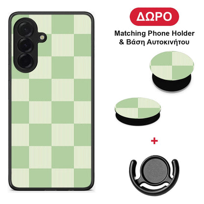 Sage and Cream Striped Checks - Samsung Galaxy A36 θήκη + Δώρο Phone Holder & Βάση Αυτοκινήτου