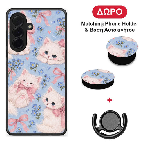 White Kittens and Blue Flowers Large - Samsung Galaxy A36 θήκη + Δώρο Phone Holder & Βάση Αυτοκινήτου