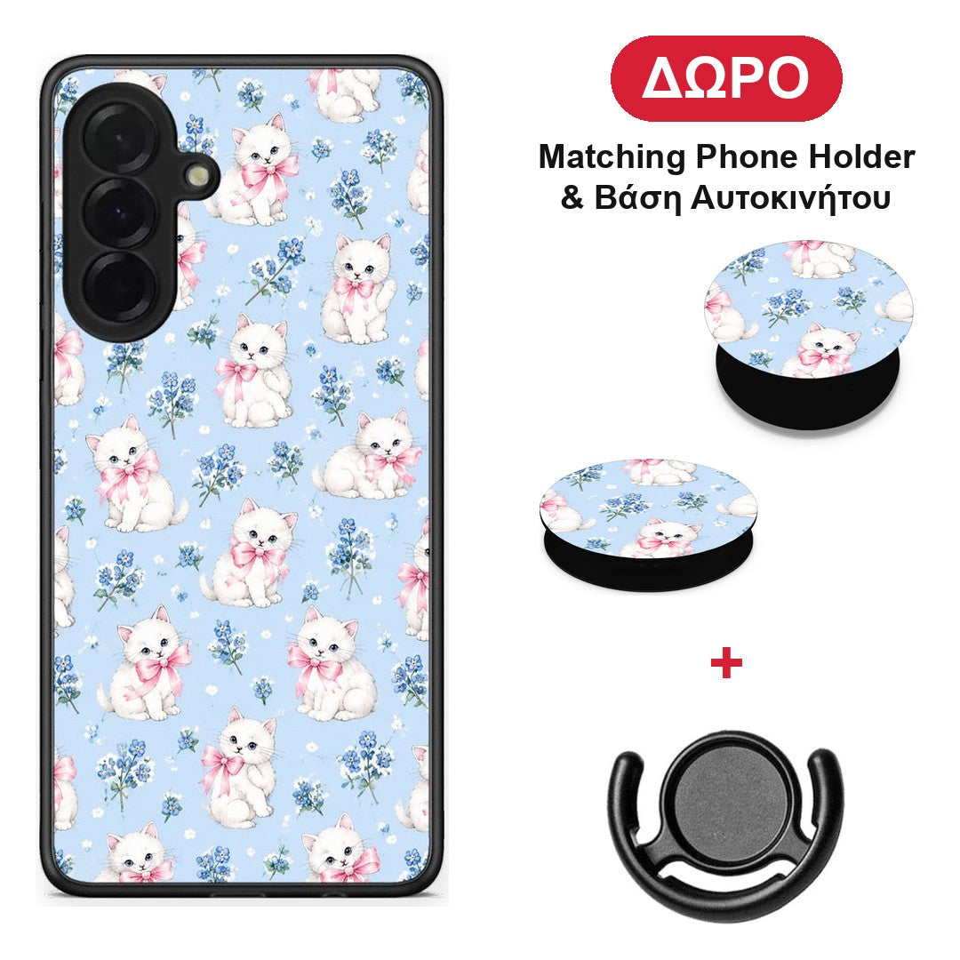 White Kittens and Blue Flowers Small - Samsung Galaxy A36 θήκη + Δώρο Phone Holder & Βάση Αυτοκινήτου