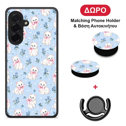 White Kittens and Blue Flowers Small - Samsung Galaxy A36 θήκη + Δώρο Phone Holder & Βάση Αυτοκινήτου