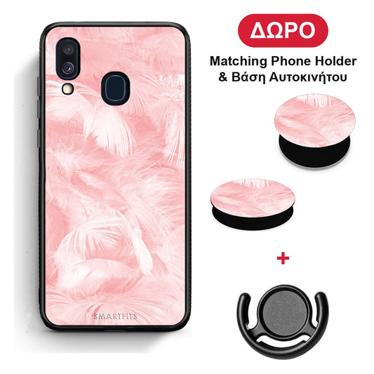 Boho Pink Feather - Samsung Galaxy A40 θήκη + Δώρο Phone Holder & Βάση Αυτοκινήτου